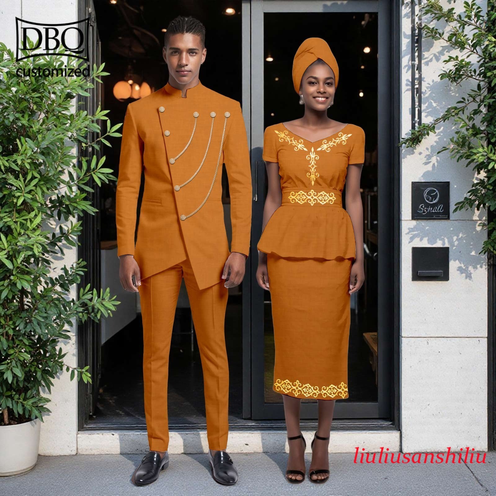 African Couple Matching Clothes Solid Men Jacket Pants Set Women Shirt Skirt Set