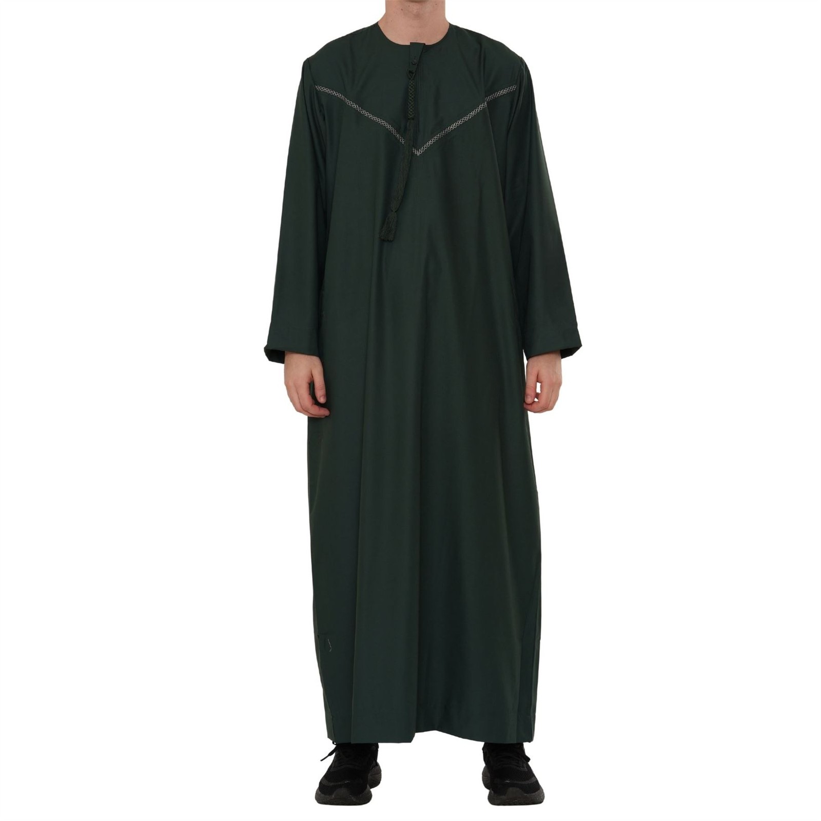 Men Olive Green Thobe Emirati Omani Jubba Islamic Embroidery Muslim Eid Tassel