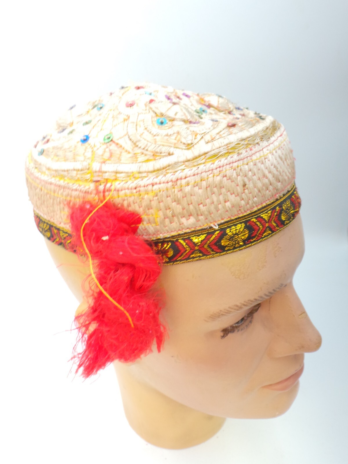 Antique Bride wedding Uzbek Bukharan Gold Gilded Hand Embroidery Cap Hat Ethnic