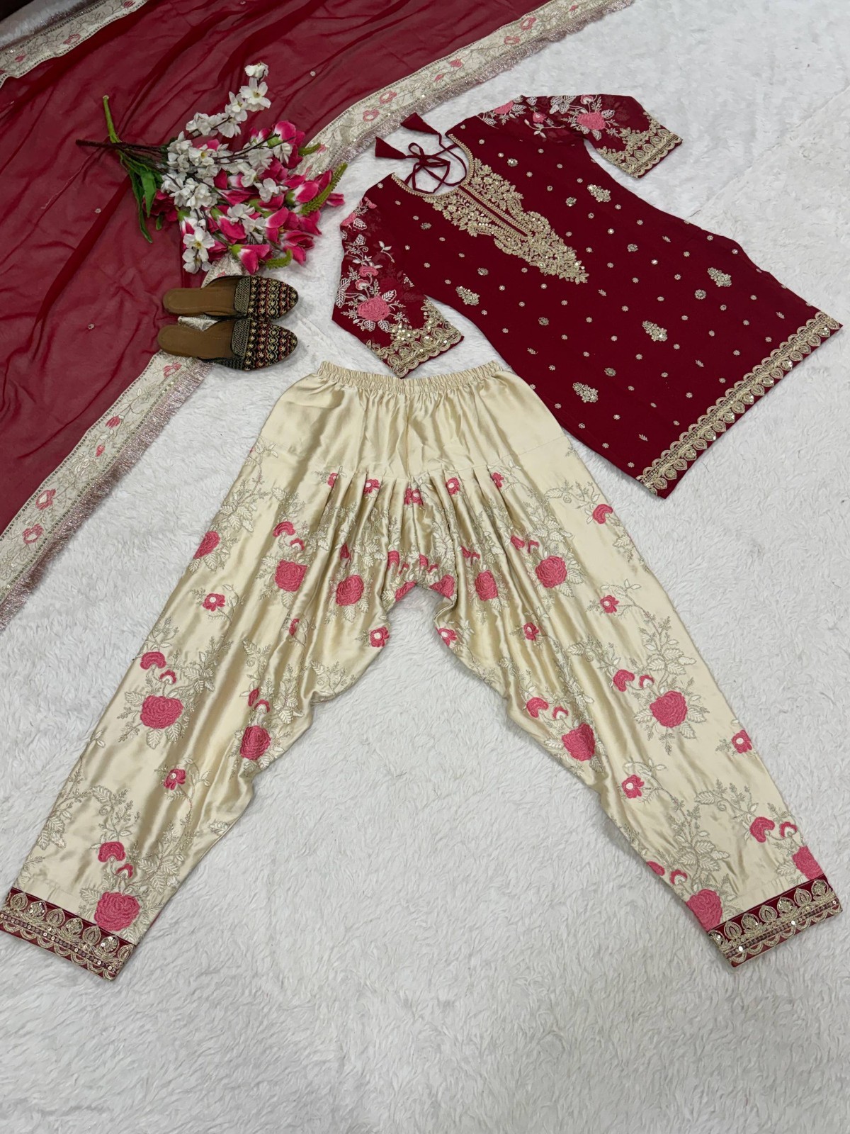 Latest Maroon Faux Georgette Salwar Kameez With Dupatta For Indian Festive Wear