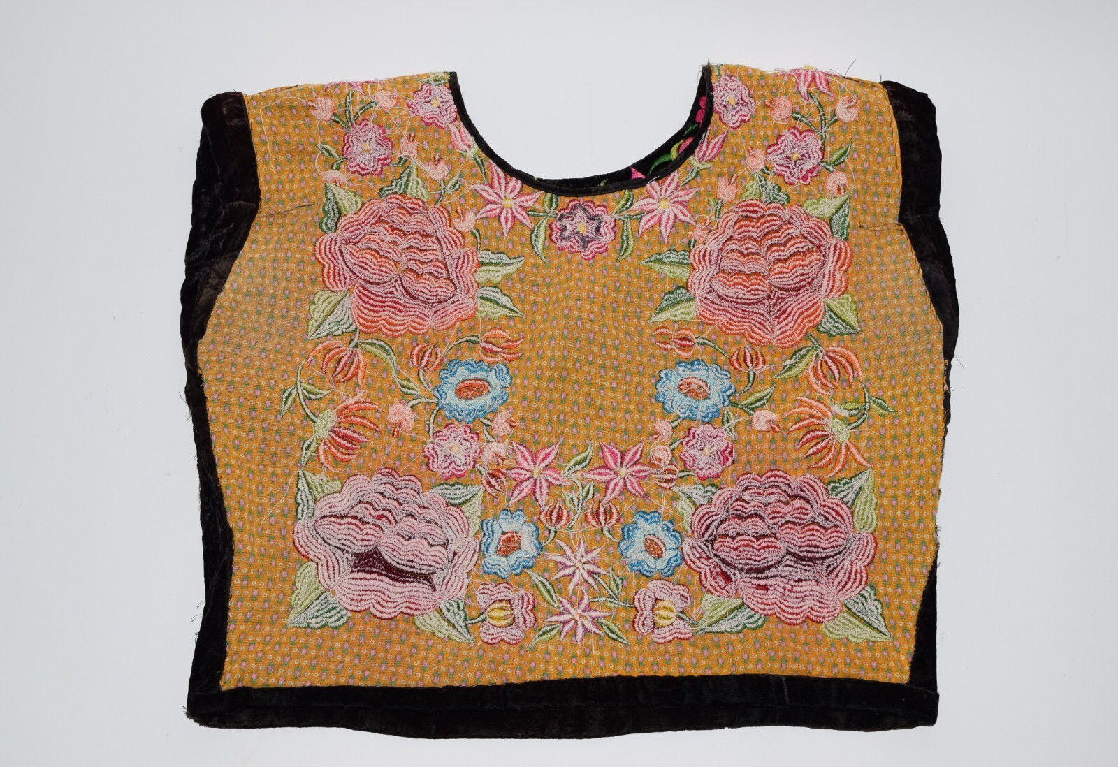 Black Velvet Mexican Folk Blouse Shirt Heavily Embroidered Multicolored Flowers