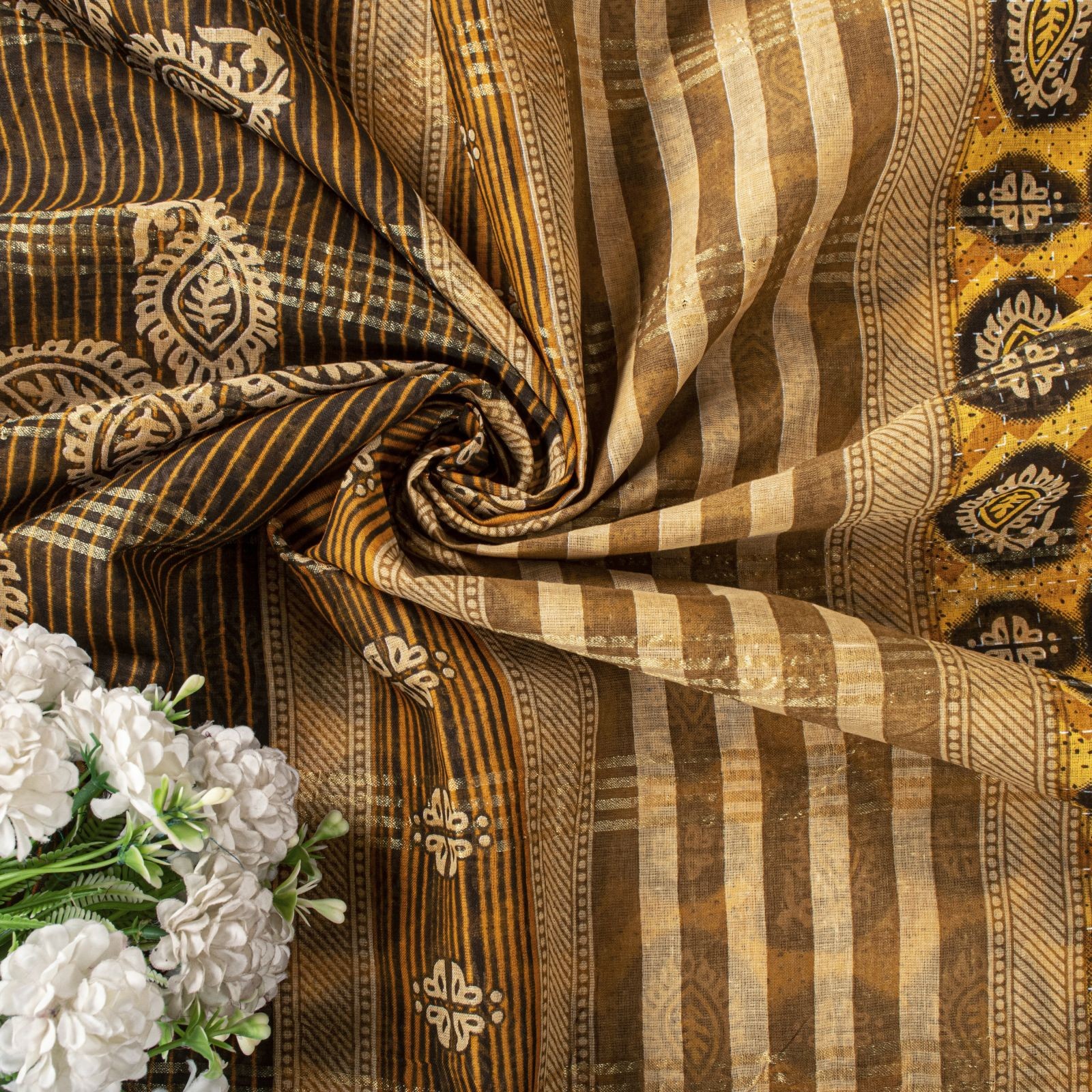 Sanskriti Vintage Saree Yellow Pure Cotton Paisley Kantha Print Sari 5+Yd Fabric