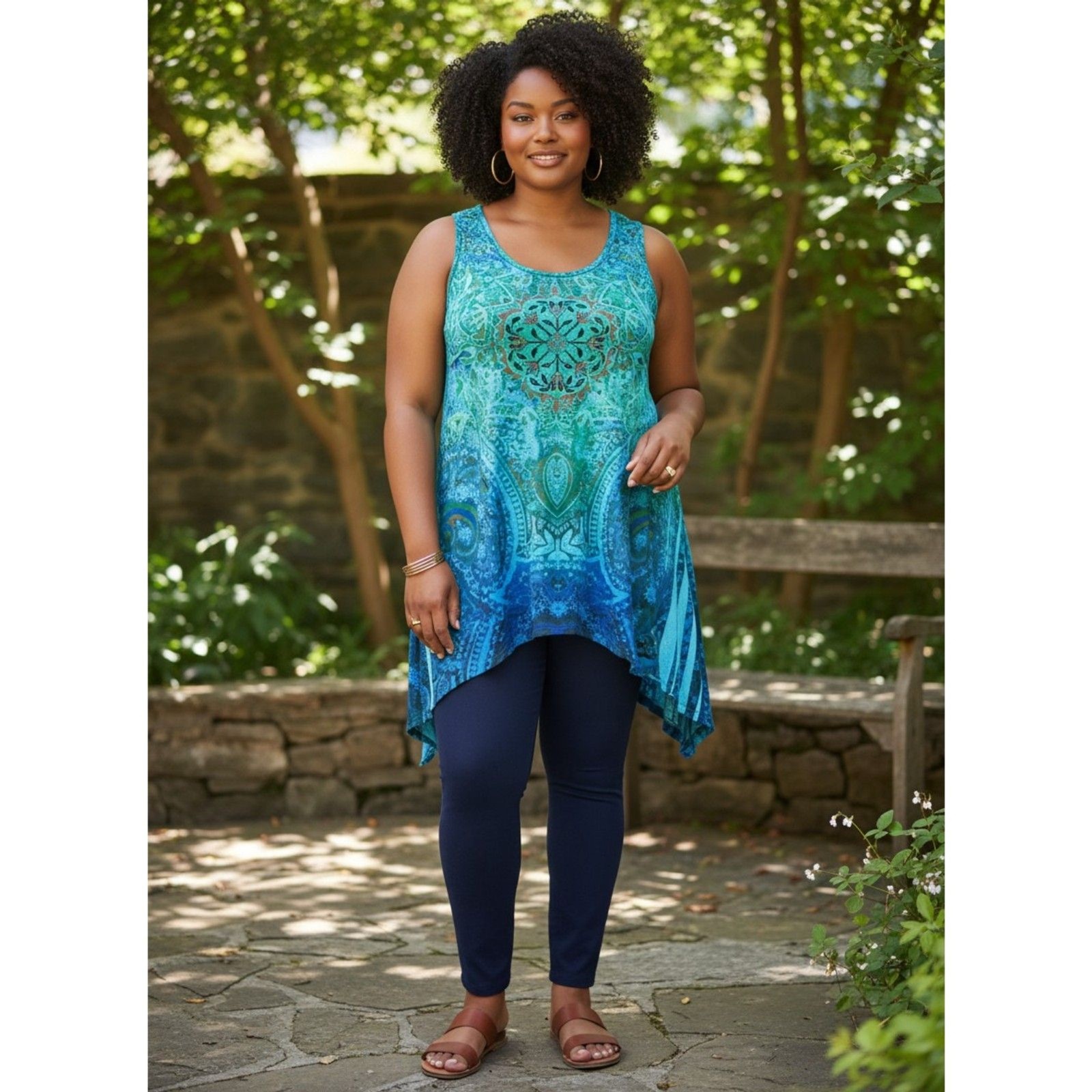Clu Clue Women Teal Paisley Mandala Lace Yoke Embellished Tank Top Size L