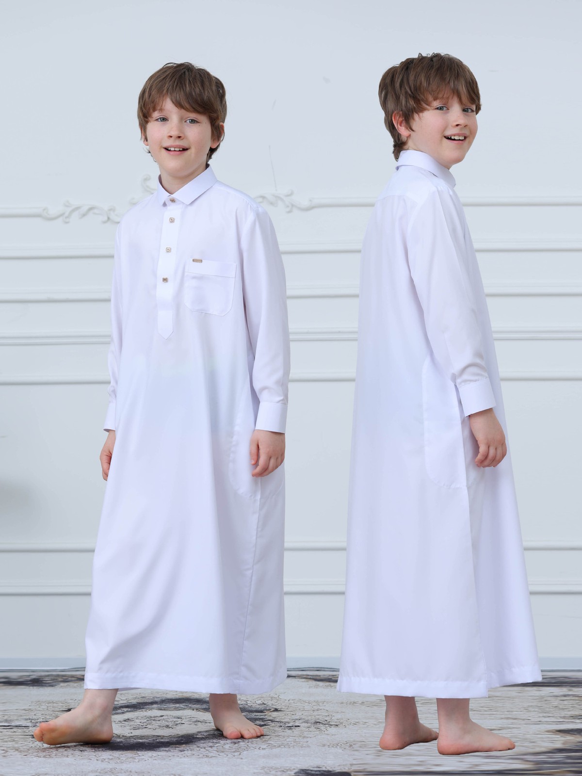 Muslim Boys Short Sleeve Jubba Thobe Embroidered Dress Islamic Abaya Robe Dubai