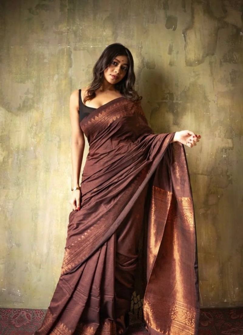 Brown Soft Lichi Silk Saree with Copper Zari & Rich Pallu Jacquard Work