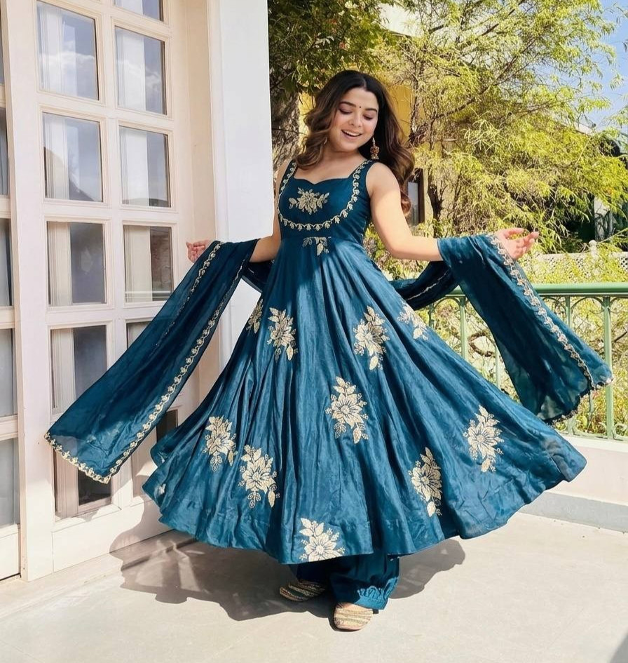 Designer Fandy Silk Anarkali Gown Wedding Reception Party Wear Dress For Women