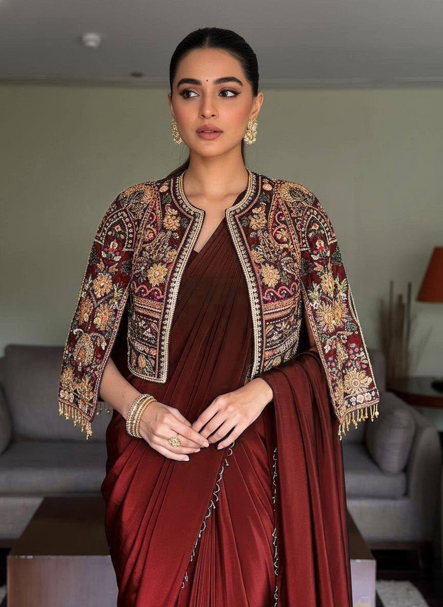Women Maroon Embroidered Crop Jacket Blouse Palazzo Dupatta Set Designer Indo XL