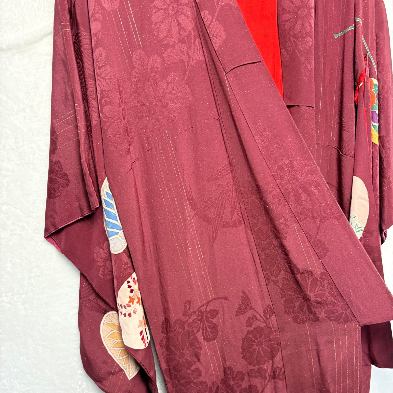 Vintage Japanese Silk Kimono, Deep Burgundy Plum Floral Motif, Traditional Robe