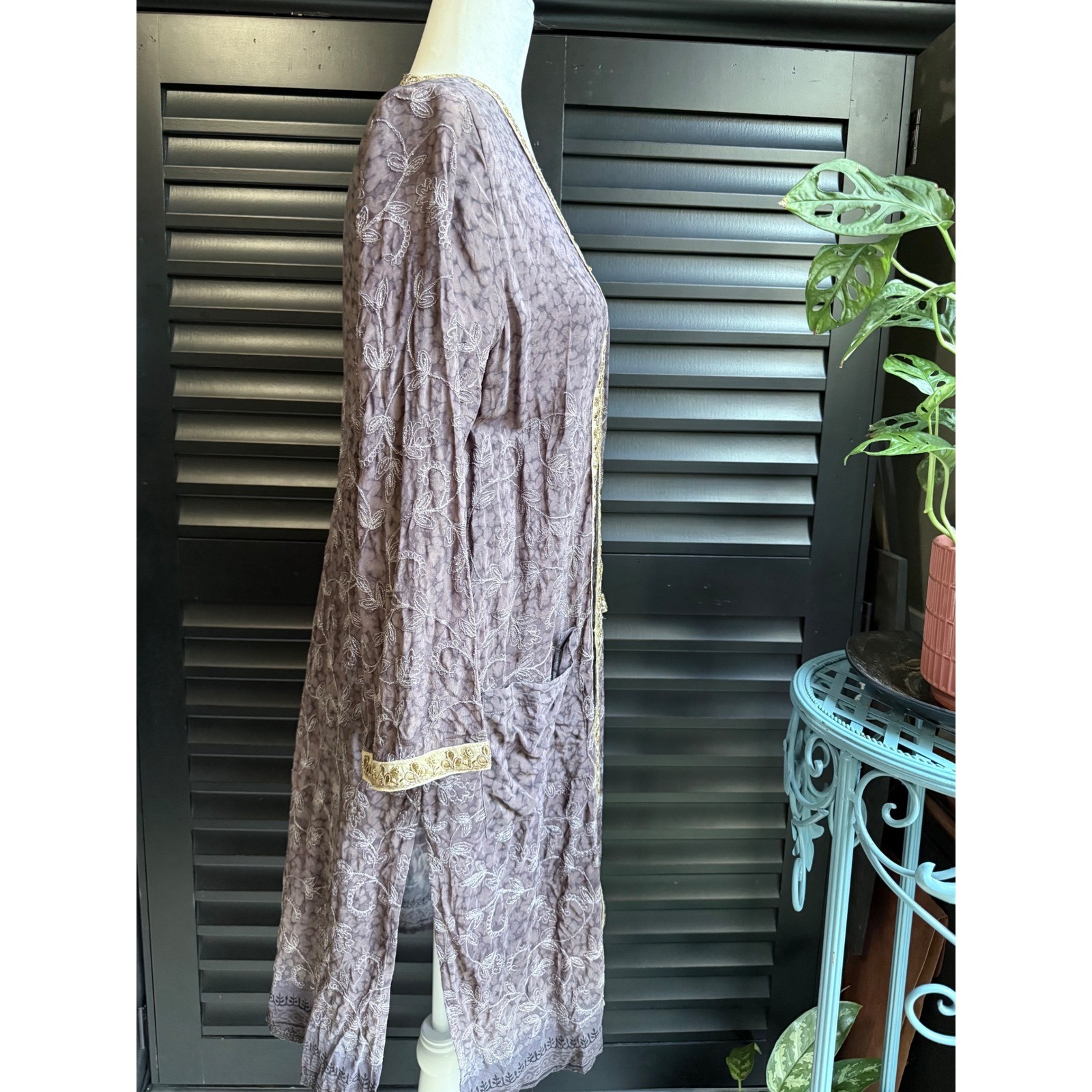 100% Silk Robe India Duster Kimono Neutral Mocha Taupe Large Pockets Embroidered