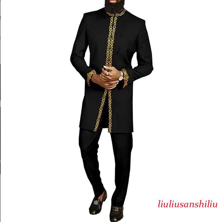 2 Pieces Outfits Dashiki African Man Clothes Wedding Tops+Pants Ethnic Style Set