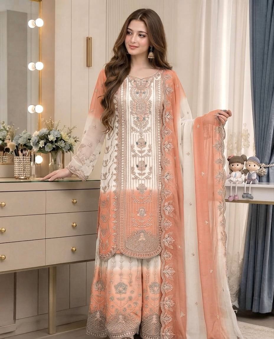 Latest Designer Star Georgette Kurta Palazzo With Peach Dupatta For Wedding