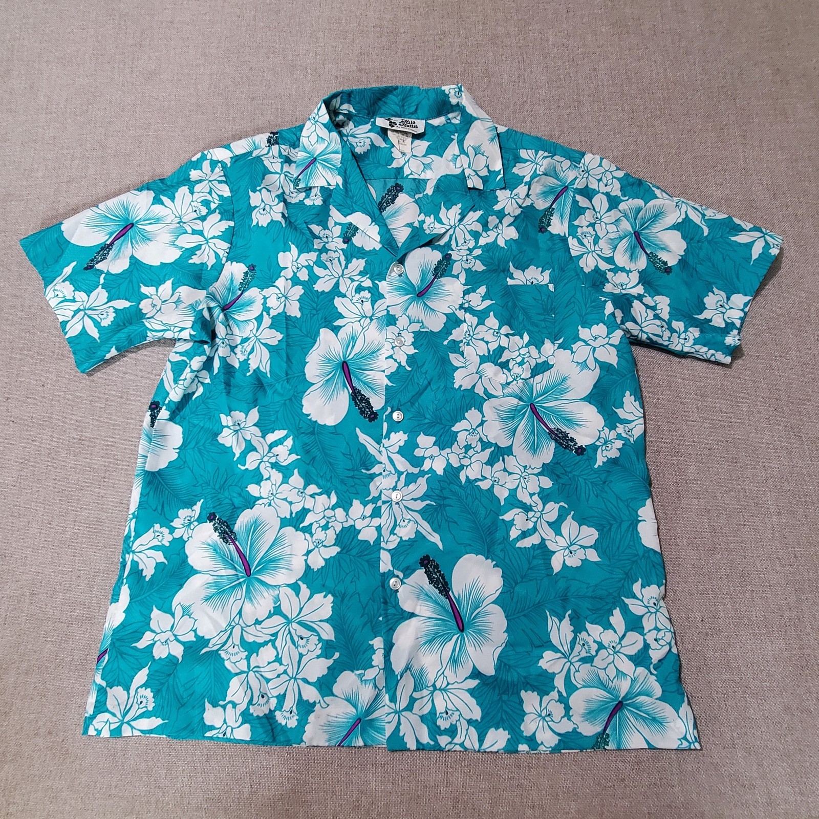 Hilo Hattie Hawaiian Aloha Shirt Men’s XL Teal White Hibiscus Floral Polyester