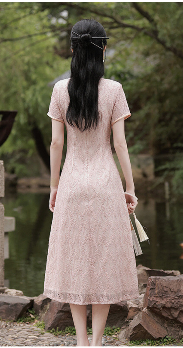 Women Chinese Short Sleeve cheongsam Frog Button Retro Knee Length Qipao Gown