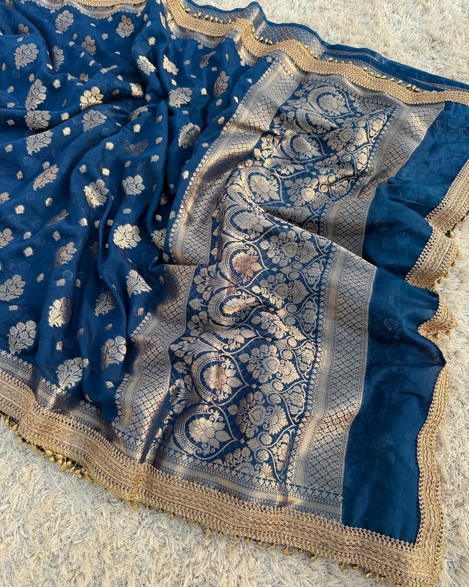 Banarasi Georgette Silk Saree Woven Pallu Designer Lace Border & Blouse