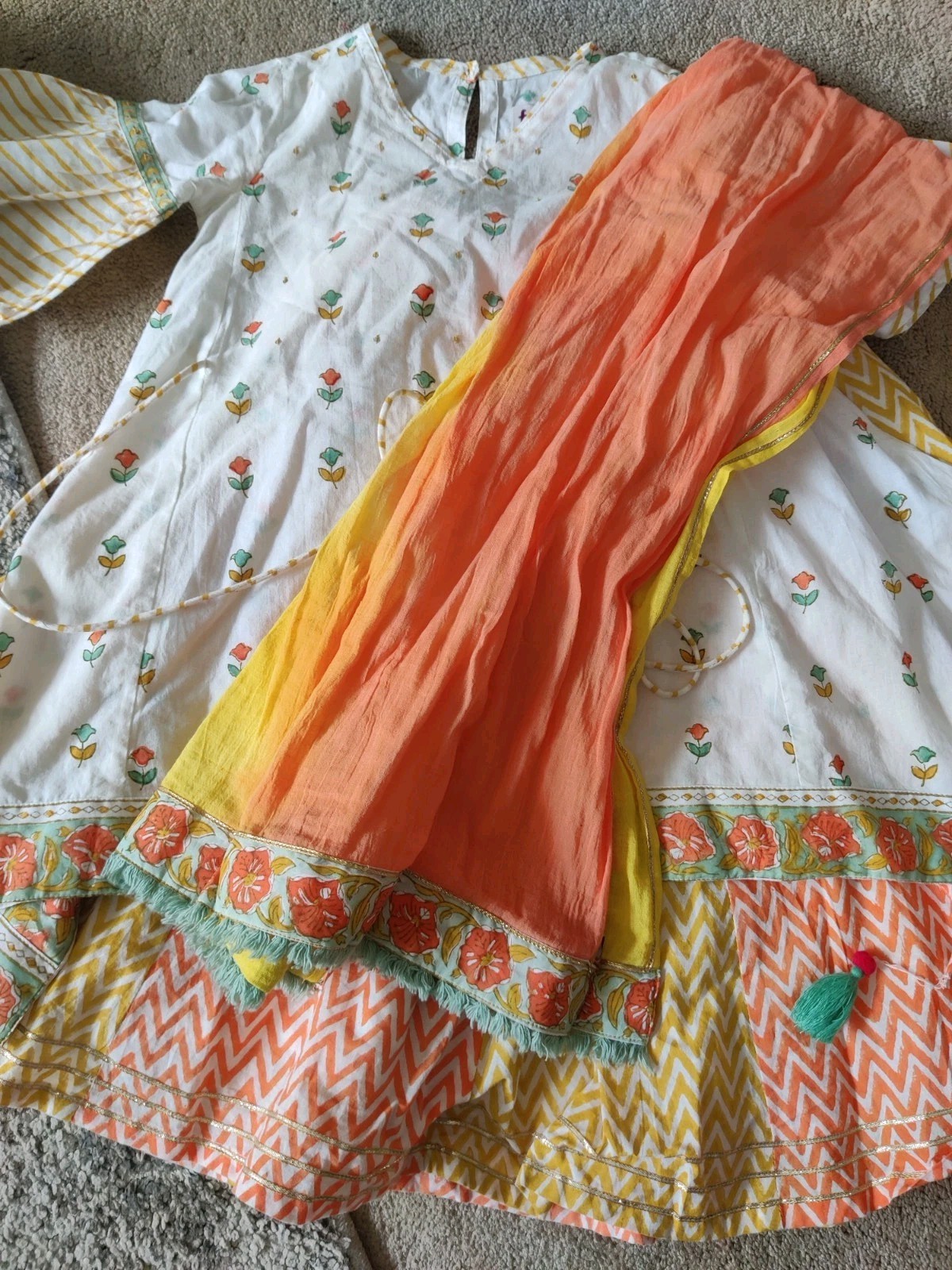 Light Summer Cotton Girls Indian Lehnga Set White Orange Yellow Green 2-3 YRS