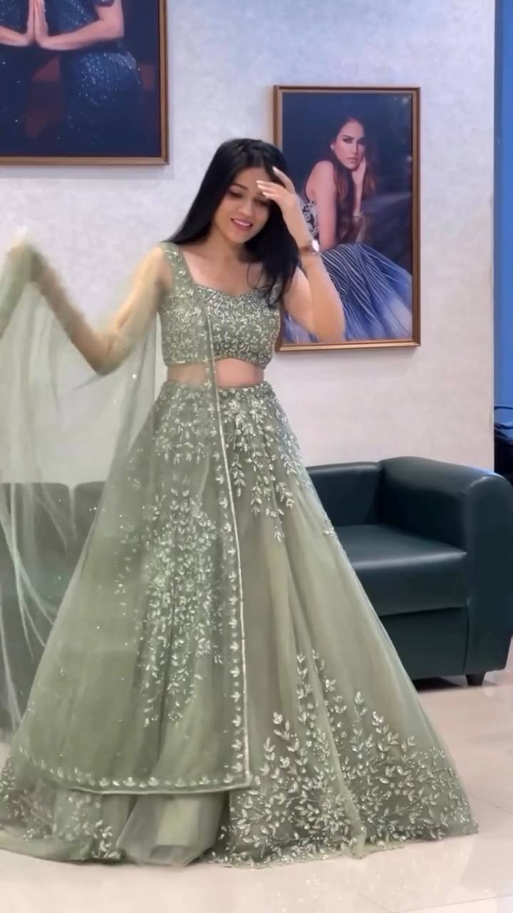 Latest Soft Butterfly Net Mint Green Lehenga Choli With Dupatta For Reception