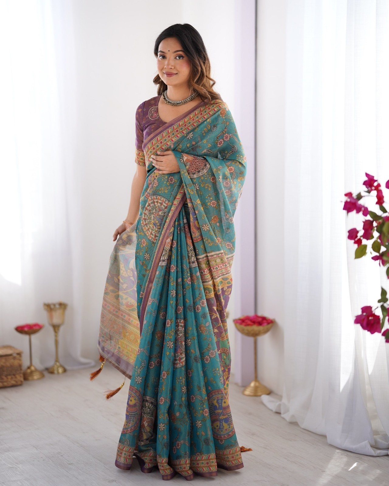 Women’s Linen Tissue Silk Saree Teal Purple Kalamkari Digital Print with Blouse