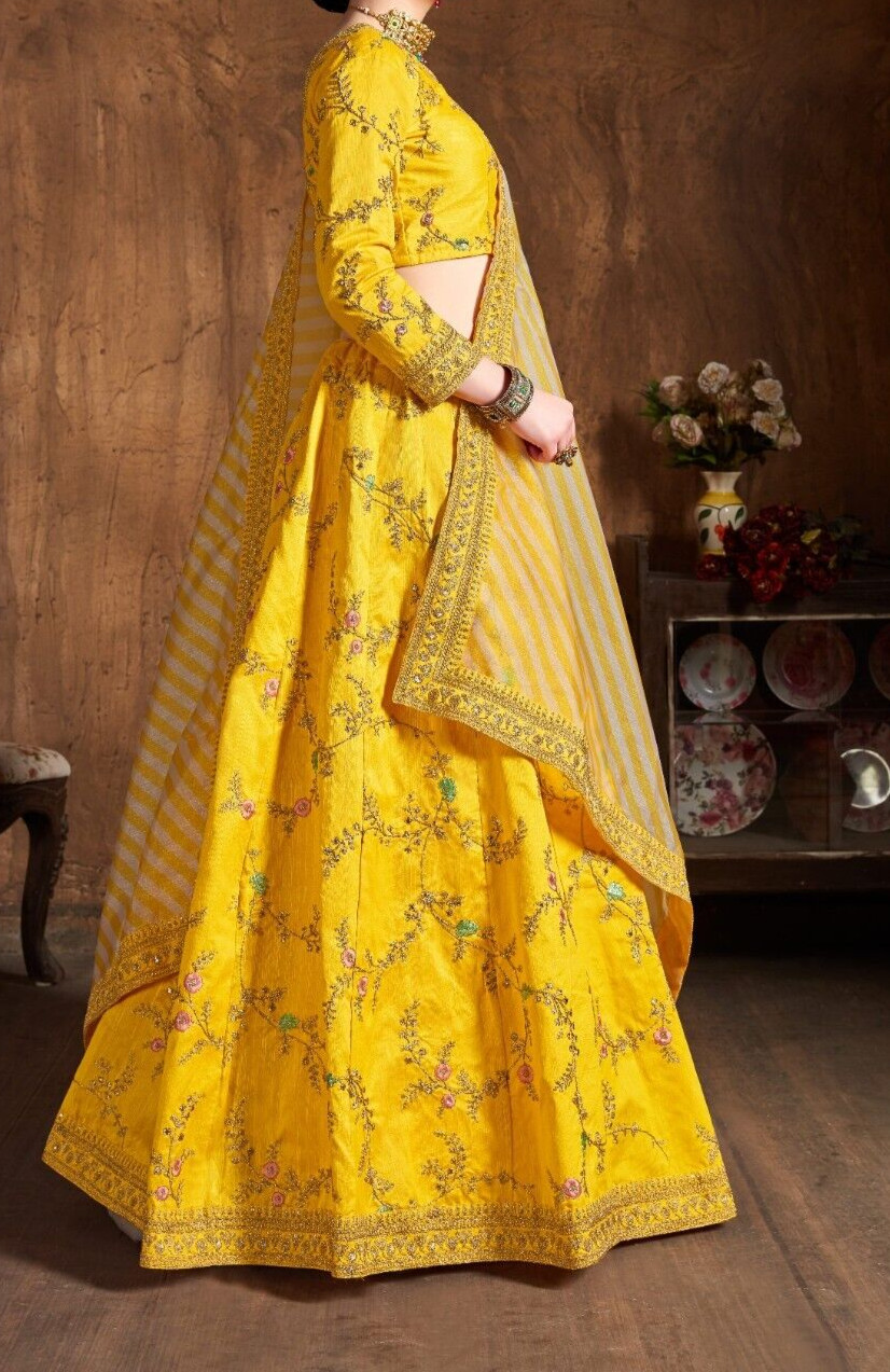 Yellow Color Mulberry Silk Lehenga Choli With Organza Dupatta For Reception Wear