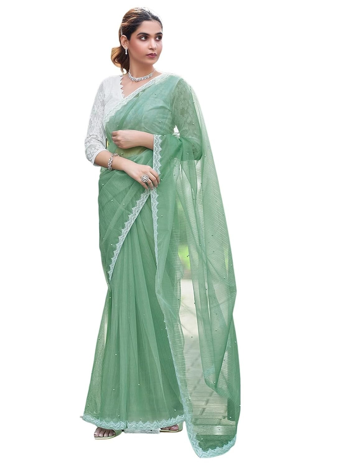 Shimmer Net Pearl Work & Lace Saree with Unstitched Blouse Piece