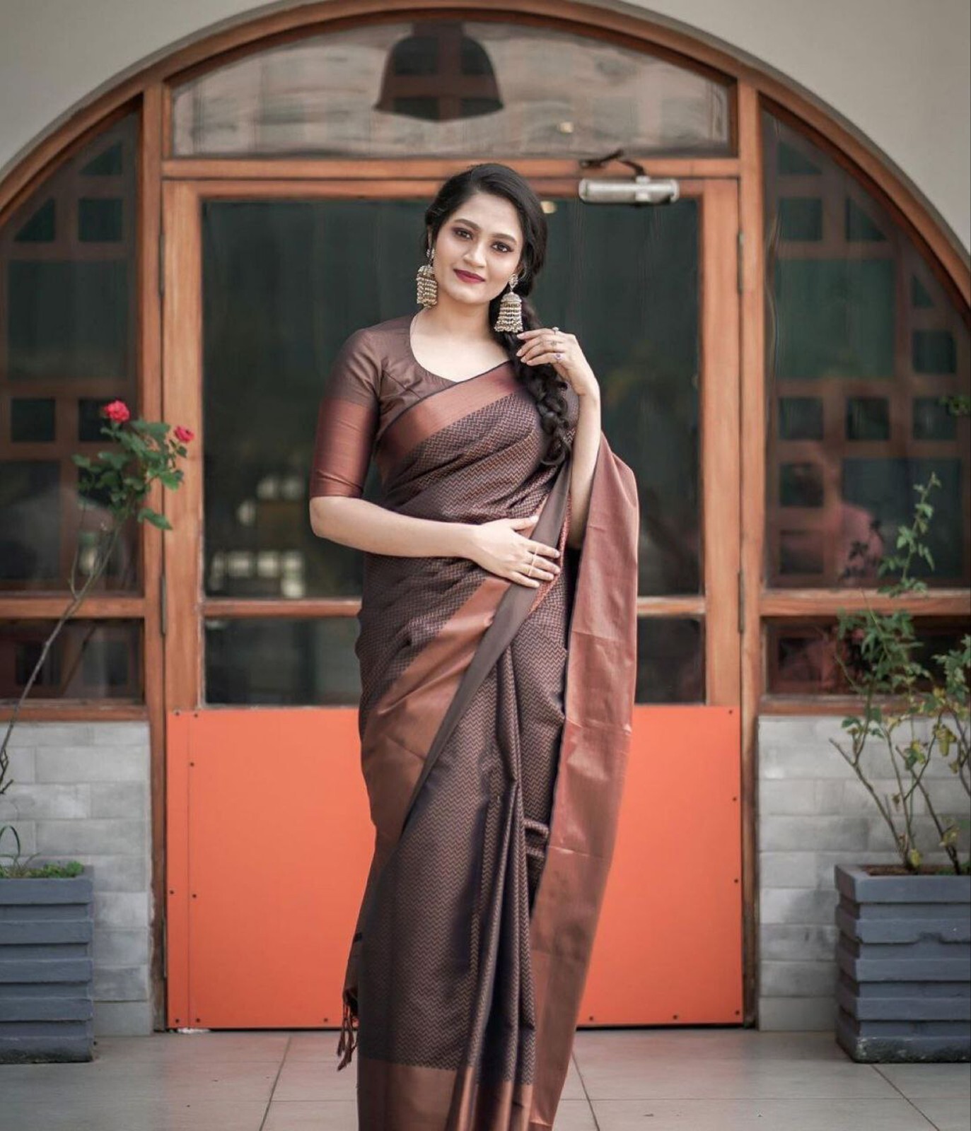 Areca Designer Copper Zigzag Brown Silk saree blouses women Saree Cut 5.5 Meter