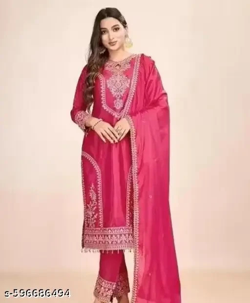 Chiffon Silk kurti with embroidered salwar and dupatta Set