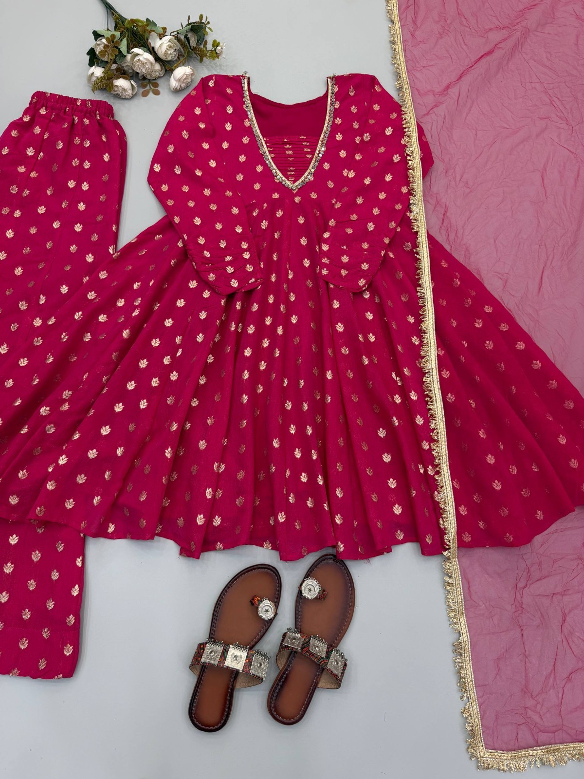 Stylish Jacquard Chanderi Pink Kurta Palazzo With Dupatta For Traditional Wear
