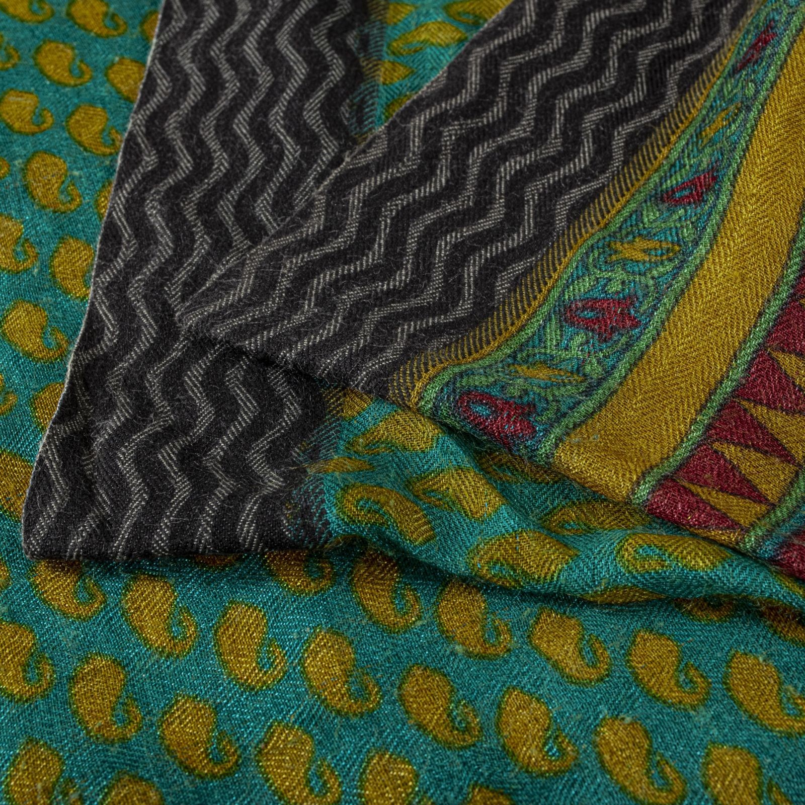 Sanskriti Vintage Pure Woolen Green Saree Paisley Print Sari 5.5+Yd Soft Fabric