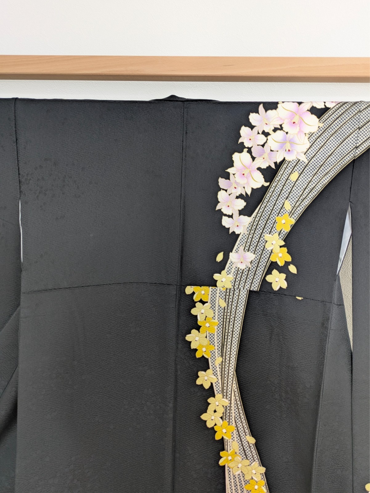 Japanese Kimono Silk Furisode Black Yellow & Purple Flowers Vertical Waves Art