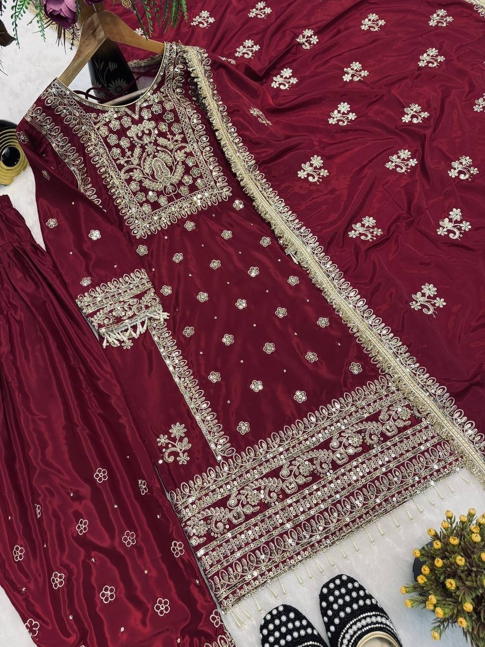 Women’s Heavy Natural Silk Maroon Top Bottom With Dupatta For Festival & Party