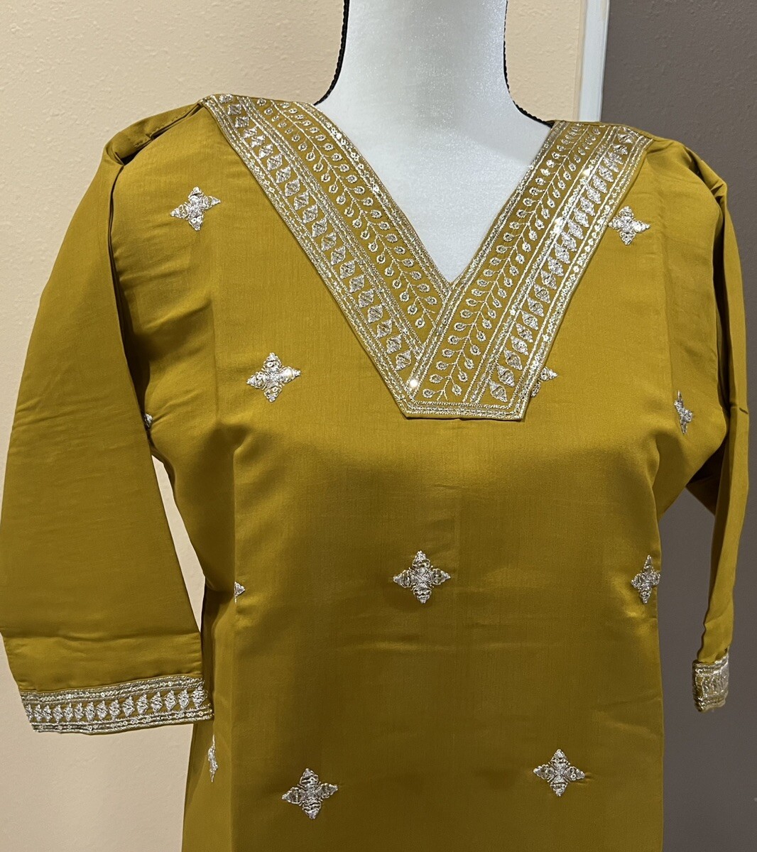 Indian Ethnic Roman Silk Mustard Yellow Embroidered Party wear Kurta Kurti Tunic