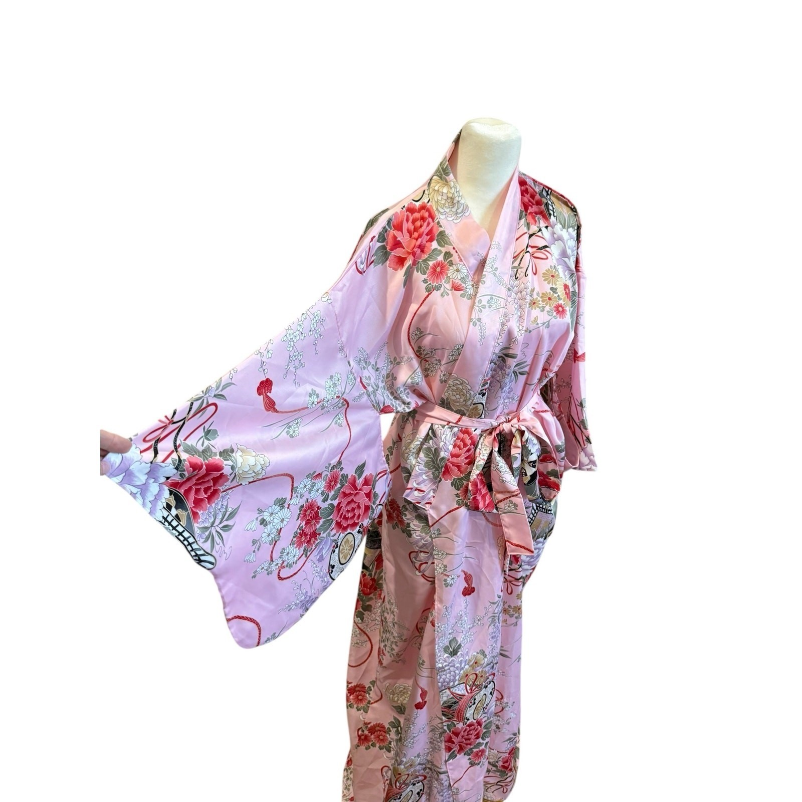 Pink Floral Kimono Robe Womens Satin Yukata Long Duster Lounge Belt