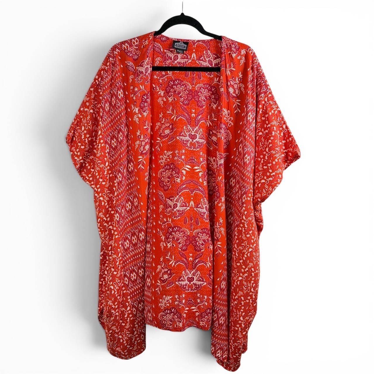 ANGIE Red & White Bandana Print Lightweight Kimono, Large
