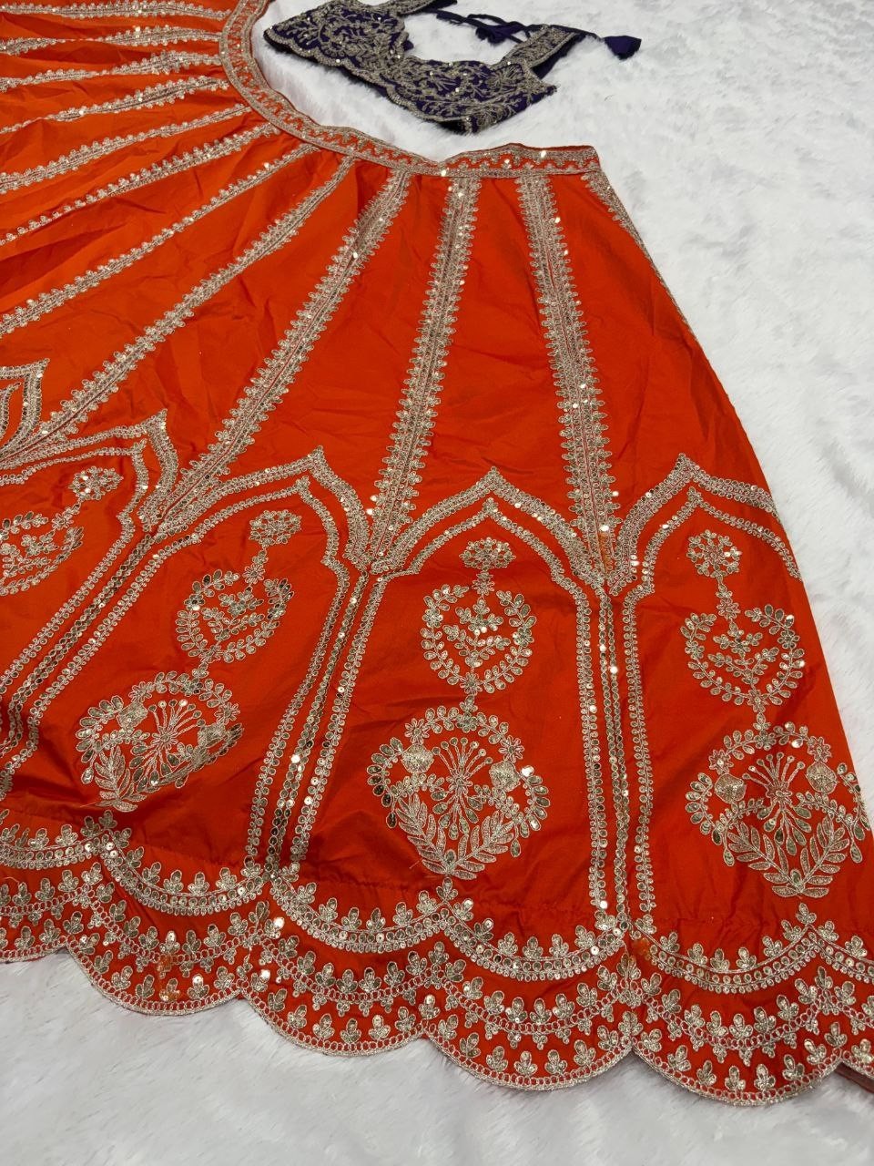Stunning Look Silk Orange Lehenga Choli With Blue Dupatta For Reception Wear