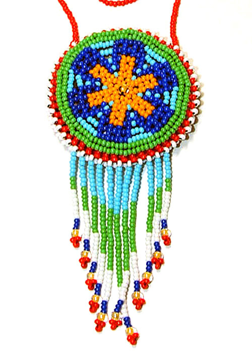 Unisex 2.25″ dia Beaded Rosette Medicine Bag / Coin Purse Necklace Regalia #02