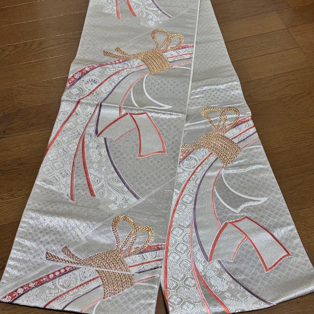 Japanese Fukuro Obi Silk Silver Floral Gold Ribbon Embroidery