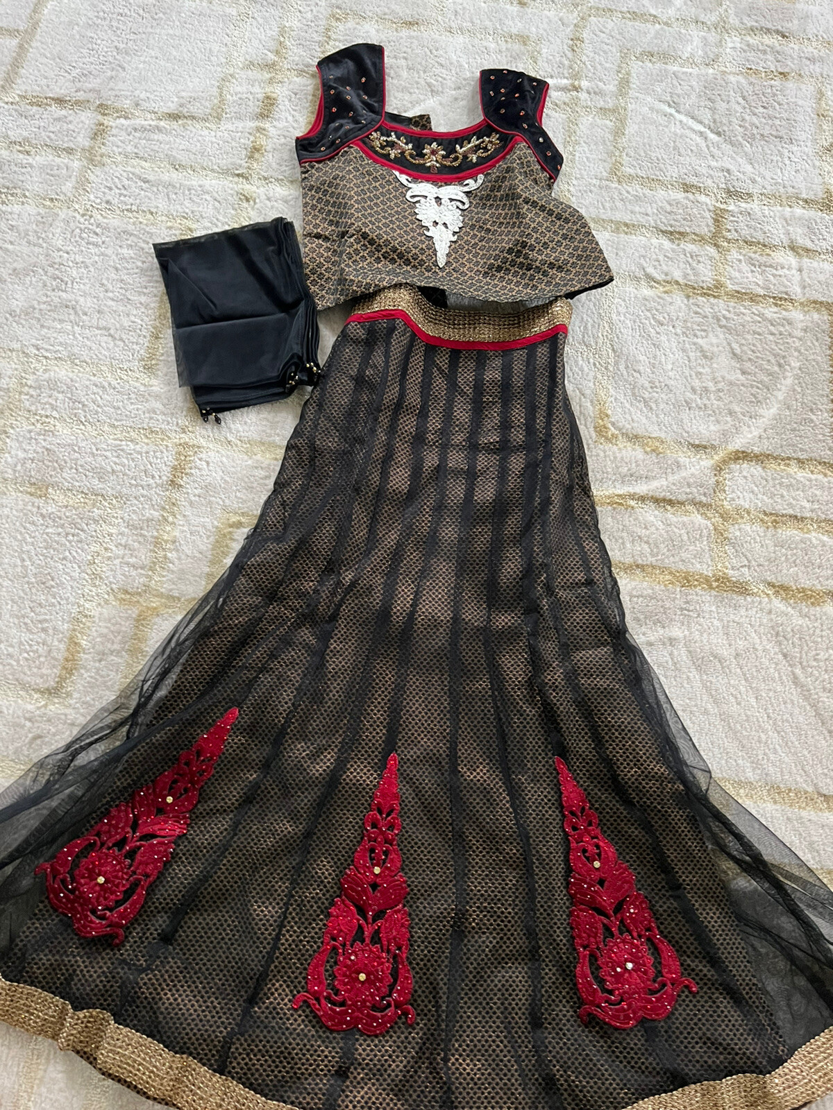 New Girls Party Wedding Lehenga Choli Gold Brocade Net Black Red 34 10-13 years