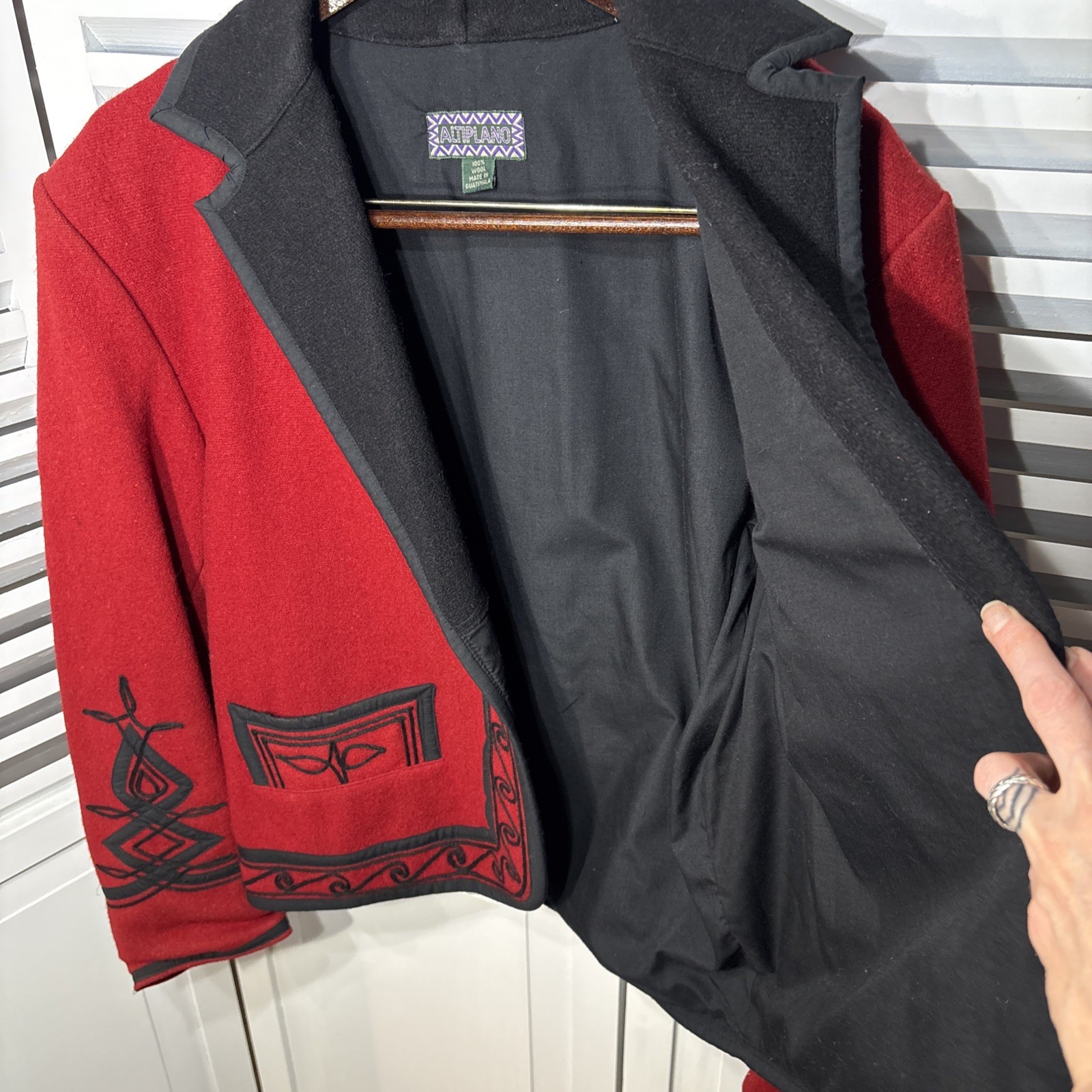 Vintage Guatemalan Red Solola Jacket Hand Woven Embroidered Wool Folk Art L