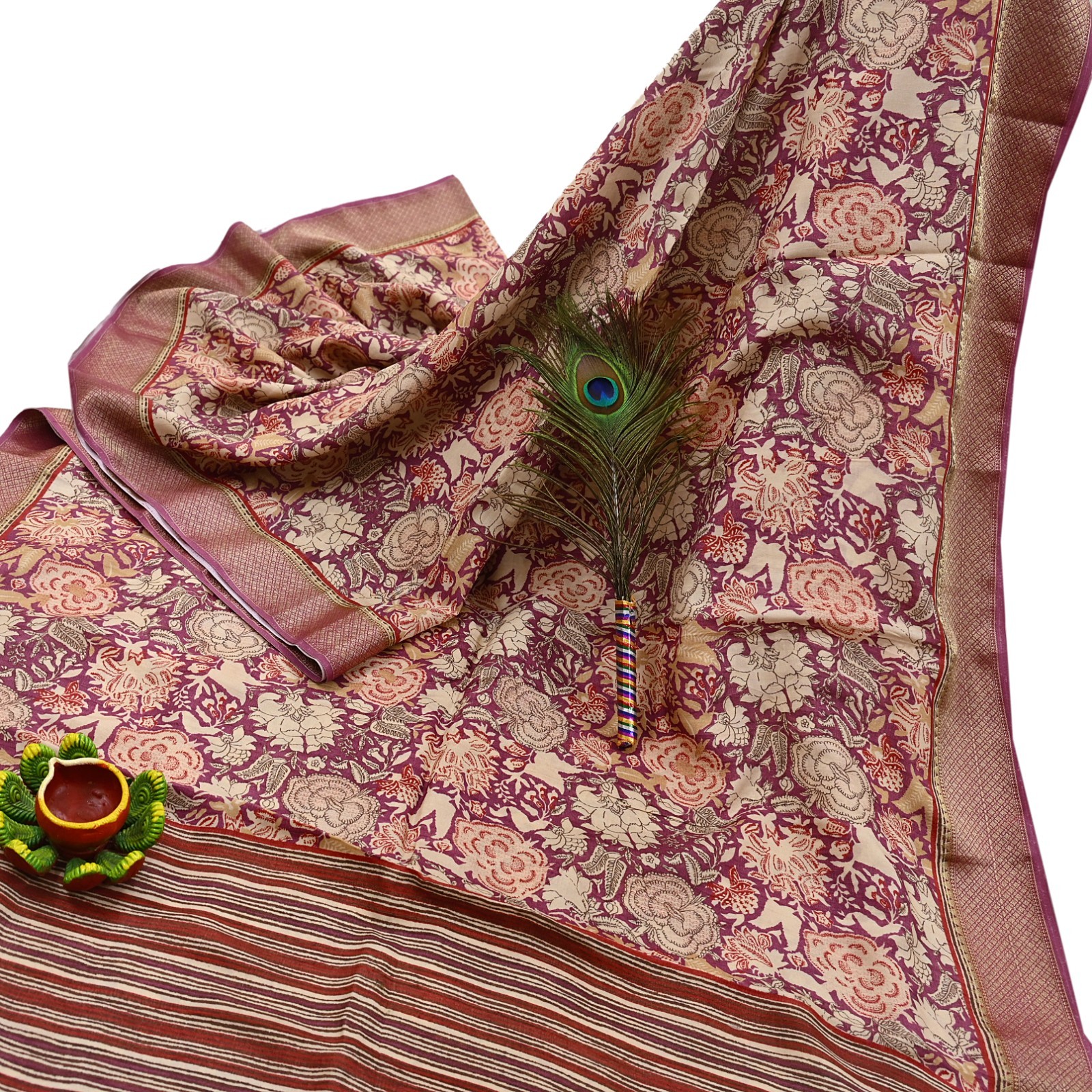 Vintage Purple beige Pure Khadi Silk Saree 5Yd Handloom Indian Sari Soft Fabric