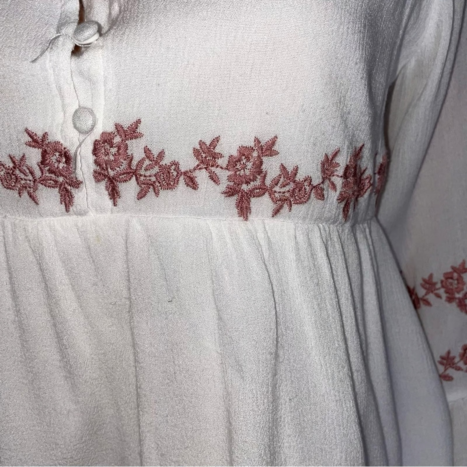Orange Creek baby doll style 3/4 button down white embroidered boho flowy top