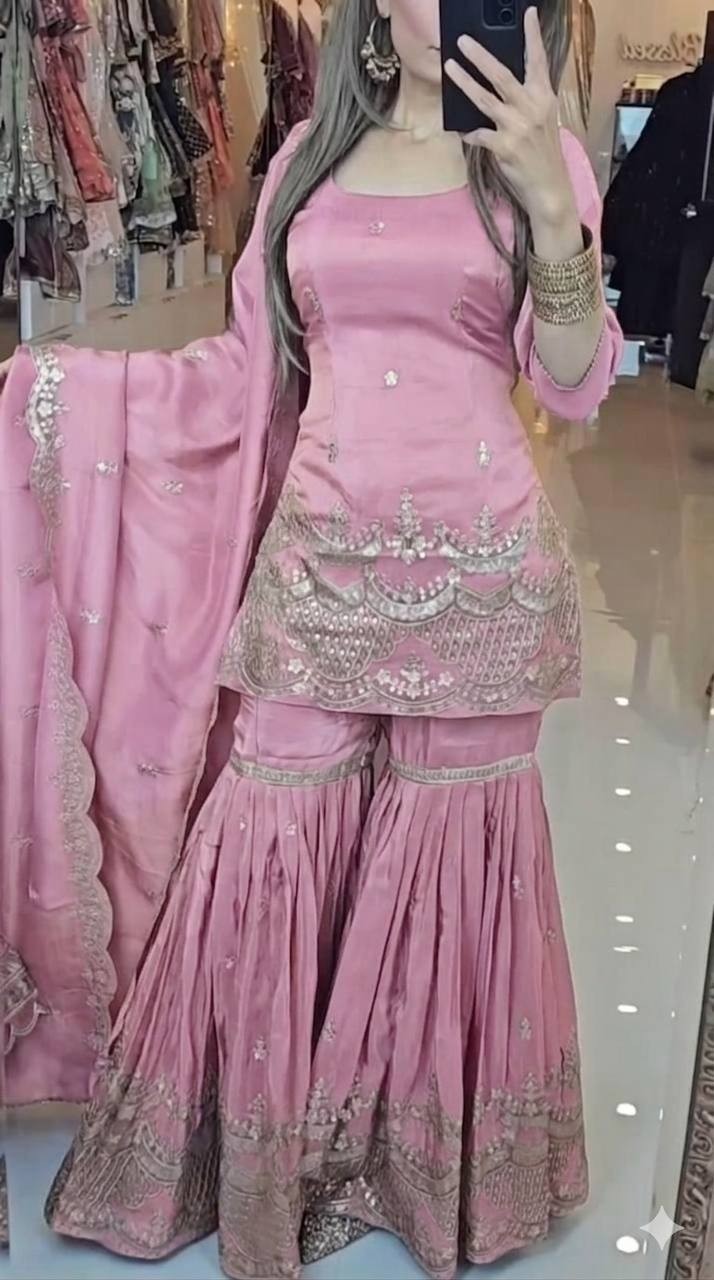 Latest Neutral Silk Pink Top Palazzo With Dupatta For Indian Functional Wear