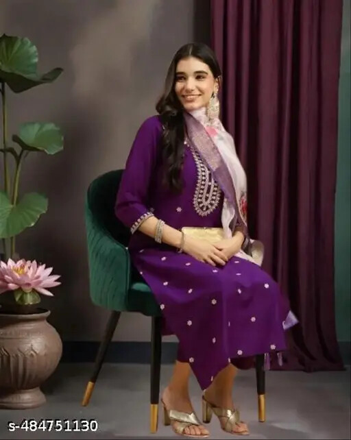 Embroidered Rayon Slub Chanderi Kurta Set women and girls For festive wear