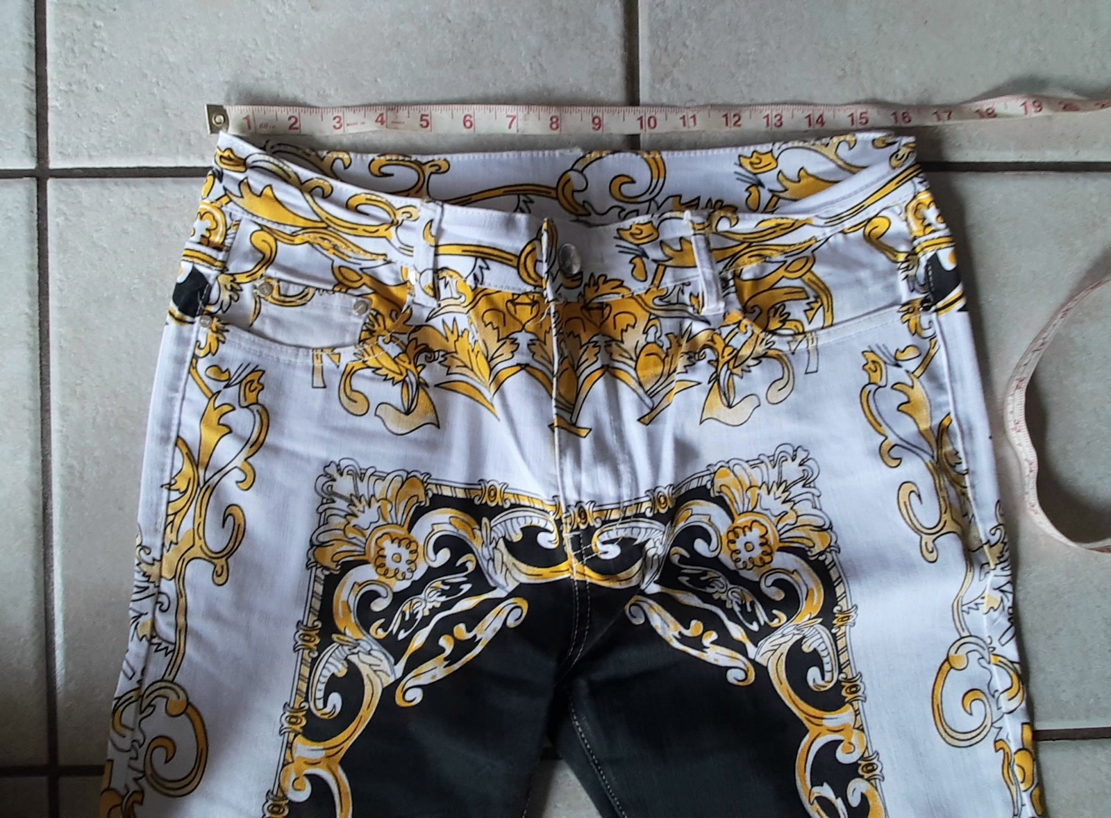 NEW NWT White Jean w/black & gold 97% Cotton 3% Spandex Size 34 Mexican Wedding