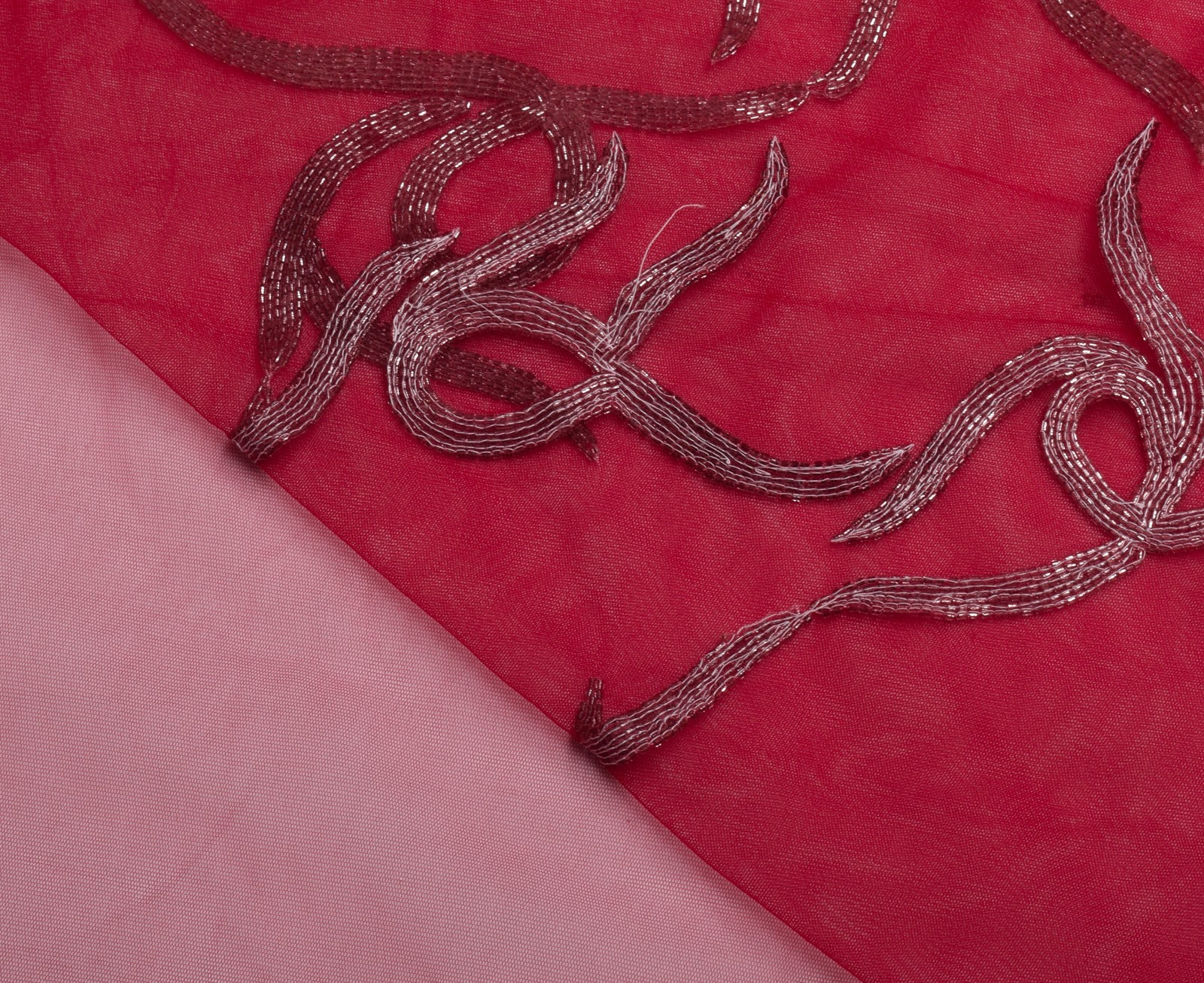 Sushila Vintage HEAVY Red Saree Net Mesh Glass Beads Embellish Sari Craft Fabric