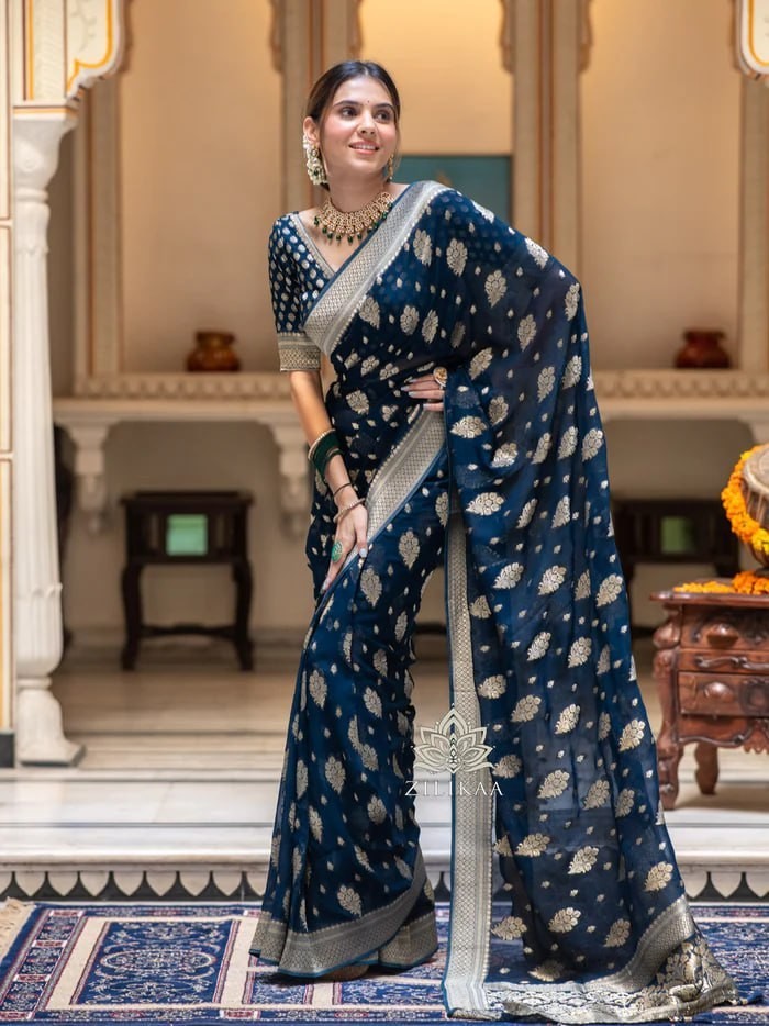 Navy Blue Wedding Saree Soft Lichi Silk Jacquard Rich Pallu Indian Ethnic Wear