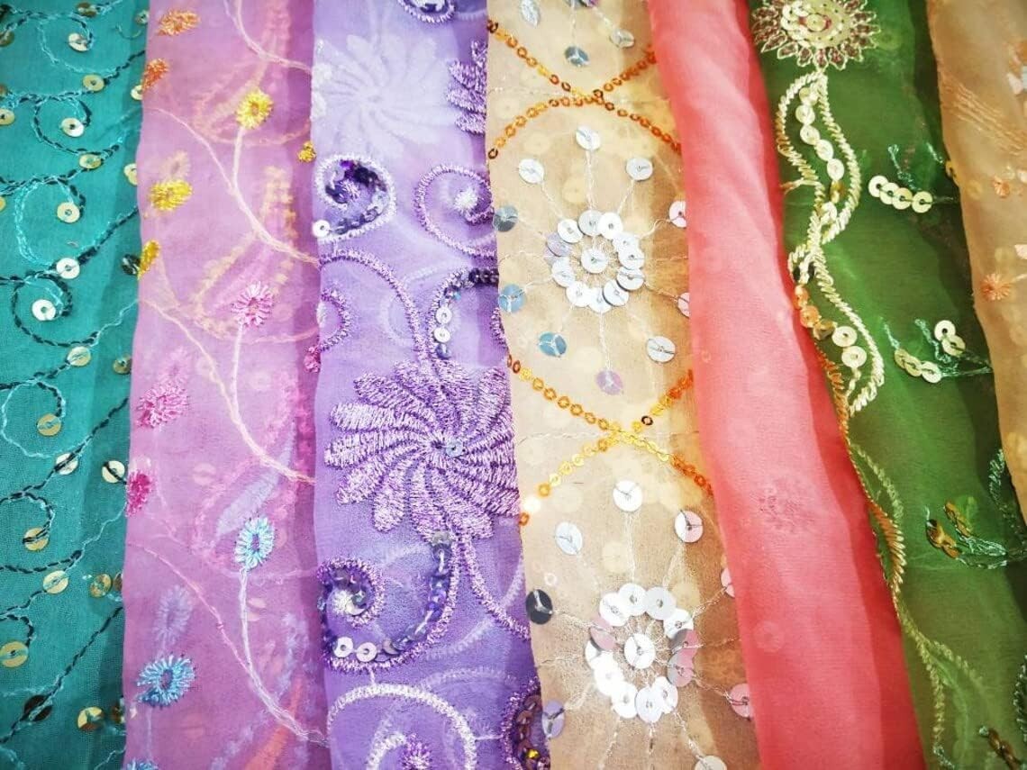 Abb Vintage Sari Georgette Fabric 15pcs Embroidered Pastel Craft Decor