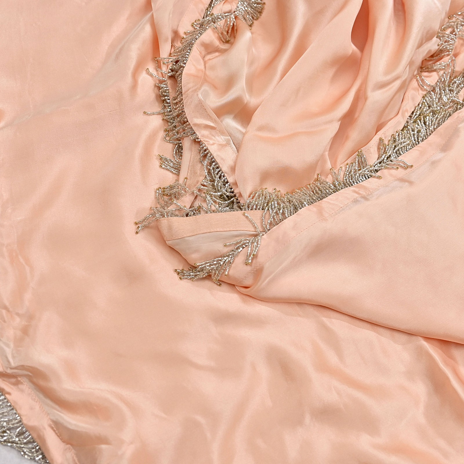 Rare Vintage Peach Pure Satin Silk Saree Hand Embroidered Fabric 5.5 Yards Sari