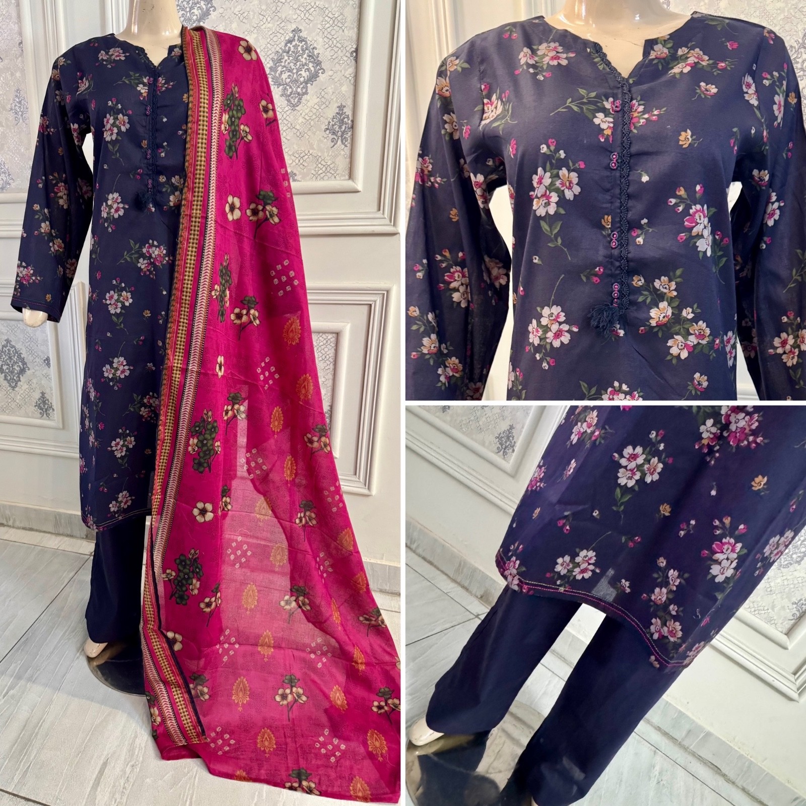 Pakistani Navy Blue & Pink Printed Straight Shirt 3-PCS Lawn Suit ,M