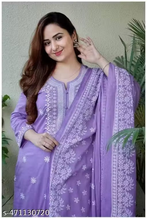 3 PCS Lavendar Floral Rayon Kurta Pant Dupatta Set For Women Pure Cotton Gift