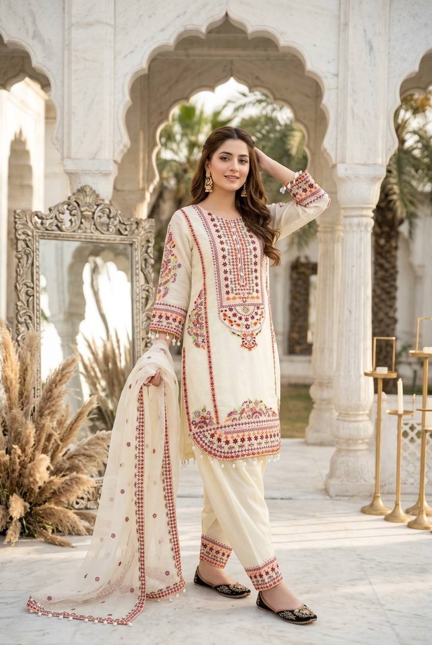 Latest Designer Off White Mal Chanderi Salwar Kameez With Dupatta For Women