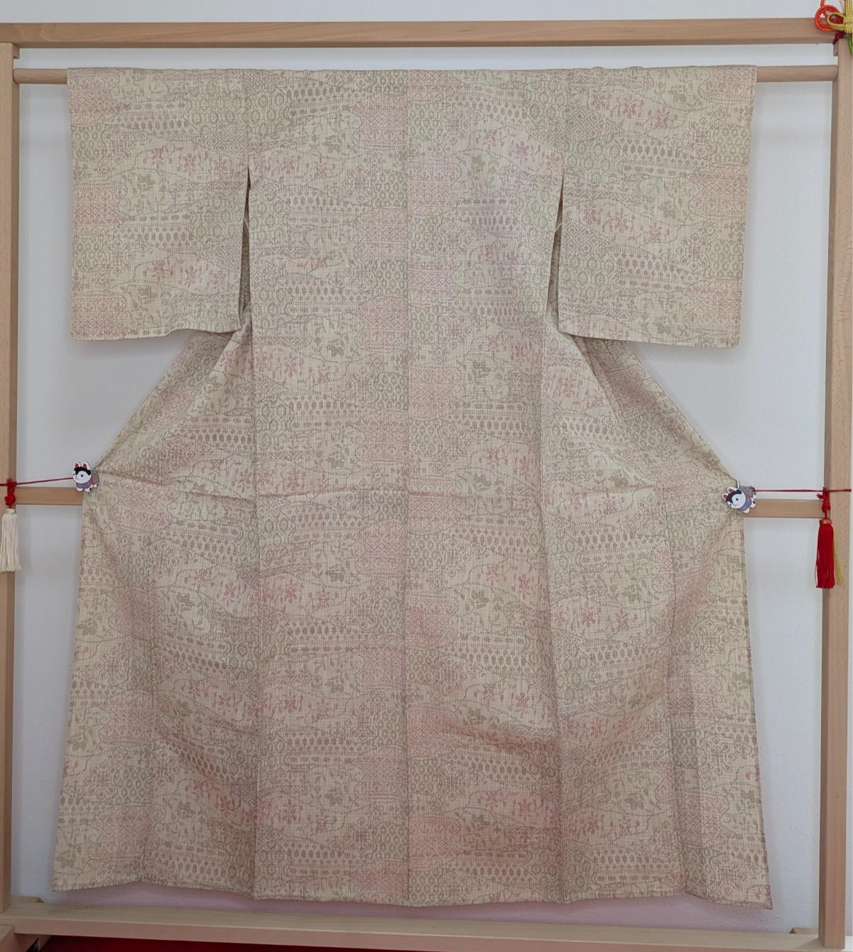 Vintage Japanese Kimono Silk Hitoe Omeshi Beige Pink Brown Geometric Pattern
